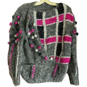 Vintage Mohair Lana Poliam Ornatr Gray Pink Black Sweater sz Small Art To Wear
